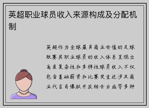 英超职业球员收入来源构成及分配机制